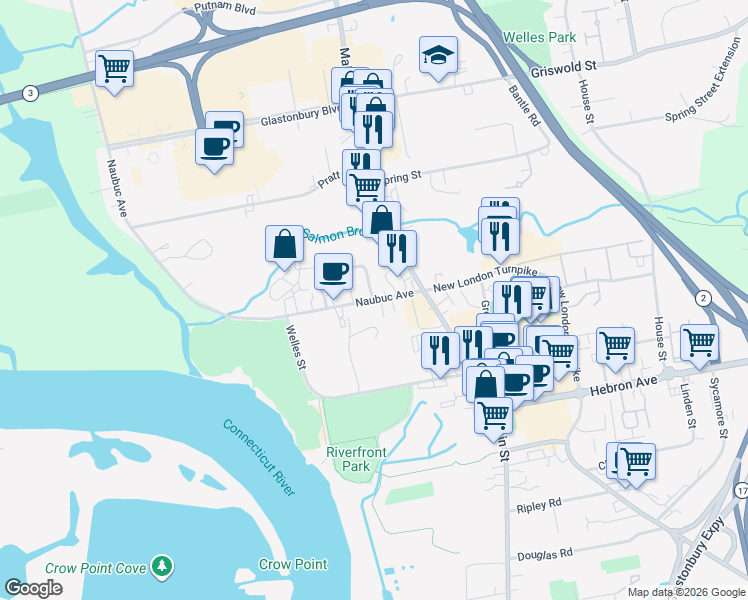 map of restaurants, bars, coffee shops, grocery stores, and more near Naubuc Ave & Parker Terrace in Glastonbury