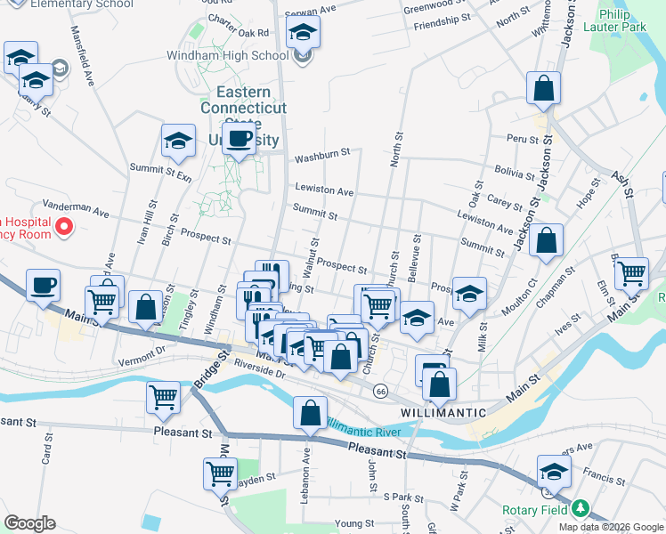 map of restaurants, bars, coffee shops, grocery stores, and more near 206 Prospect Street in Windham