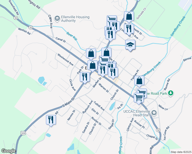 map of restaurants, bars, coffee shops, grocery stores, and more near in Ellenville