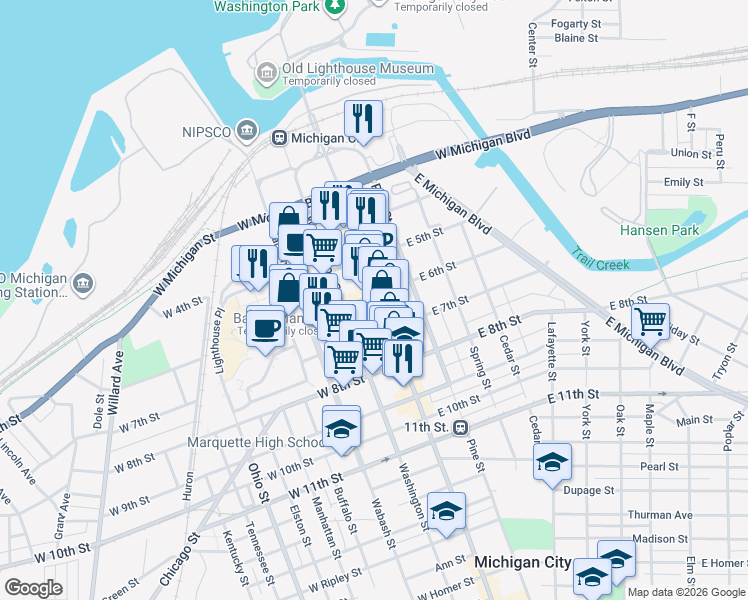 map of restaurants, bars, coffee shops, grocery stores, and more near 198 East 6th Street in Michigan City