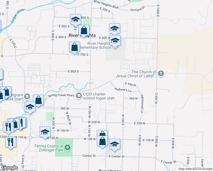 map of restaurants, bars, coffee shops, grocery stores, and more near 32 Spring Creek Parkway in Providence