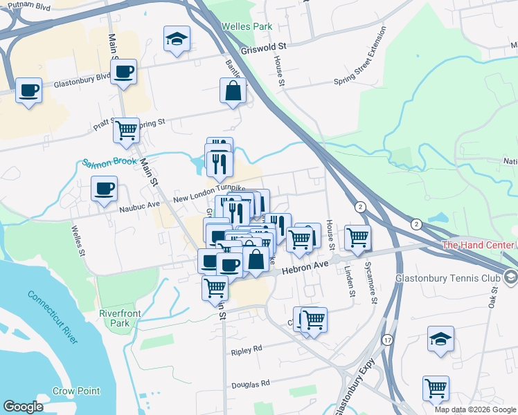map of restaurants, bars, coffee shops, grocery stores, and more near 159 Salmon Brook Drive in Glastonbury