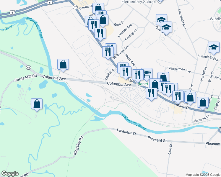 map of restaurants, bars, coffee shops, grocery stores, and more near 100 Columbia Avenue in Windham