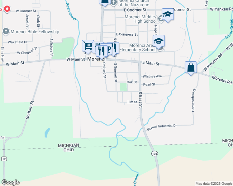 map of restaurants, bars, coffee shops, grocery stores, and more near 325 South Summit Street in Morenci