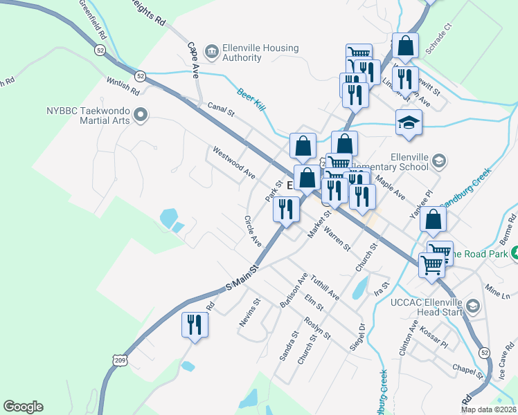 map of restaurants, bars, coffee shops, grocery stores, and more near 15 Park Street in Ellenville