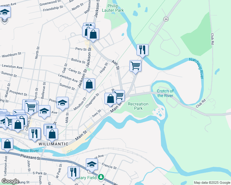 map of restaurants, bars, coffee shops, grocery stores, and more near 167 Chapman Street in Windham