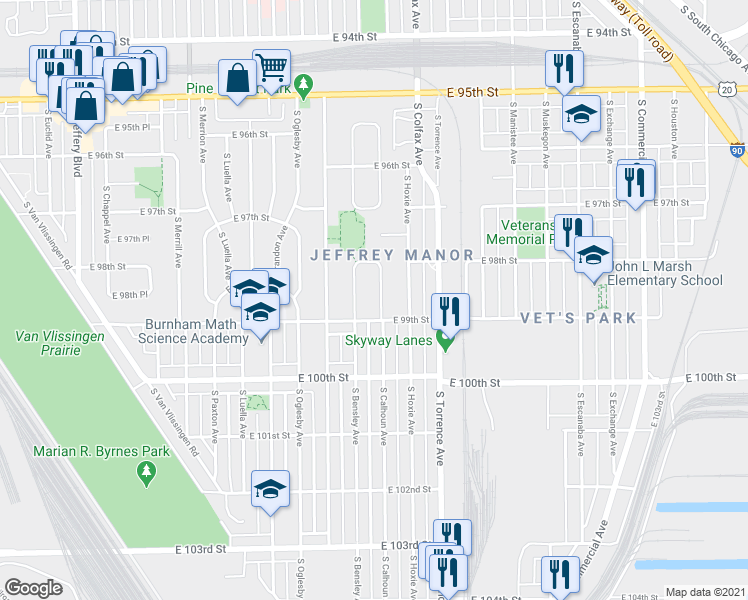 map of restaurants, bars, coffee shops, grocery stores, and more near 9826 South Calhoun Avenue in Chicago