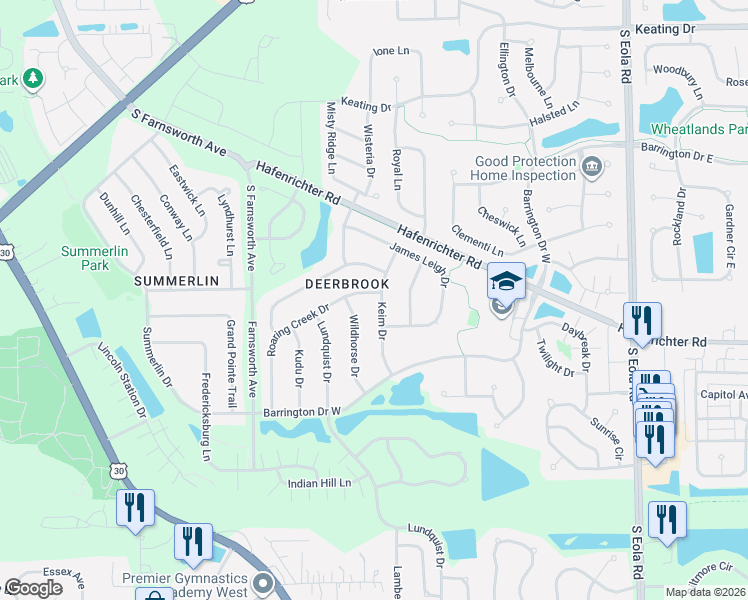 map of restaurants, bars, coffee shops, grocery stores, and more near 2021 Roaring Creek Drive in Aurora