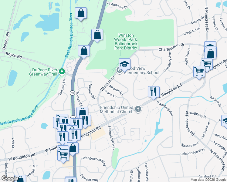 map of restaurants, bars, coffee shops, grocery stores, and more near 208 Monroe Road in Bolingbrook