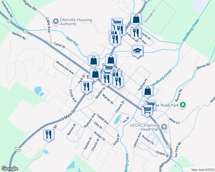 map of restaurants, bars, coffee shops, grocery stores, and more near 86 Center Street in Ellenville