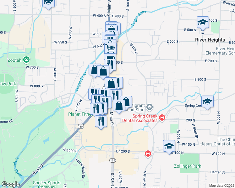 map of restaurants, bars, coffee shops, grocery stores, and more near 880 Main Street in Logan