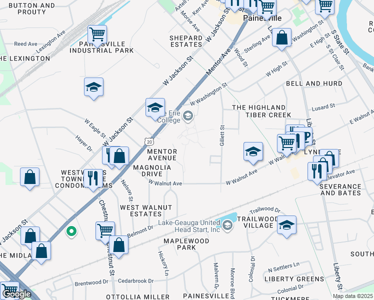 map of restaurants, bars, coffee shops, grocery stores, and more near 391 West Washington Street in Painesville
