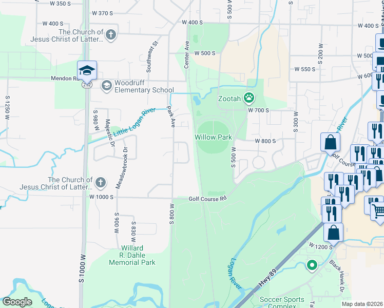 map of restaurants, bars, coffee shops, grocery stores, and more near 826 South 670 West in Logan