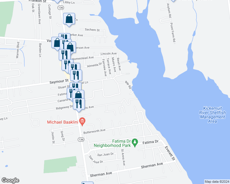 map of restaurants, bars, coffee shops, grocery stores, and more near 50 Overhill Road in Warren