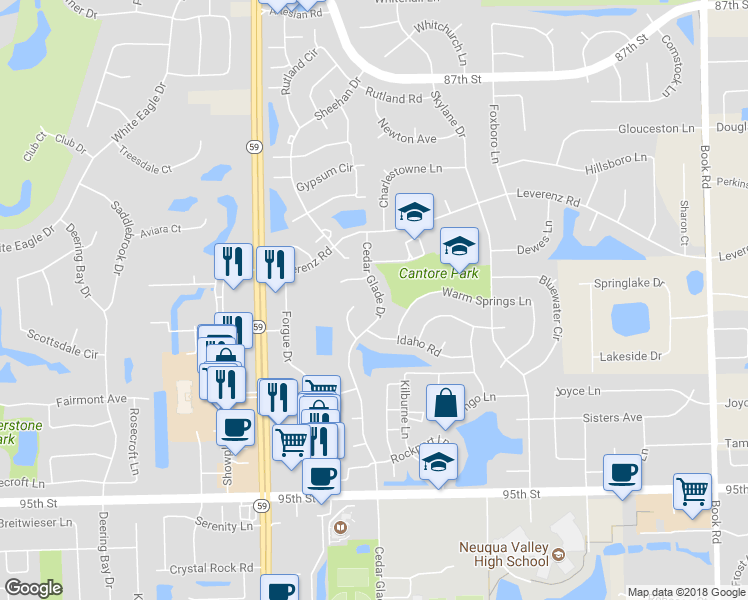 map of restaurants, bars, coffee shops, grocery stores, and more near 2733 Cedar Glade Road in Naperville