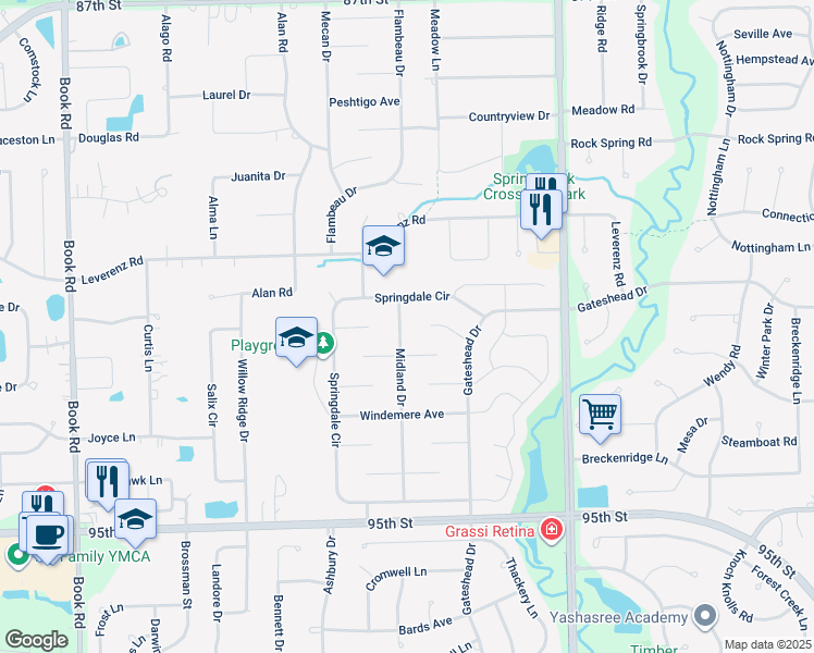 map of restaurants, bars, coffee shops, grocery stores, and more near 2600 Midland Drive in Naperville