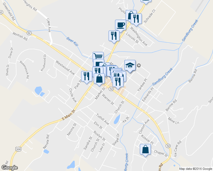 map of restaurants, bars, coffee shops, grocery stores, and more near New York 52 in Ellenville