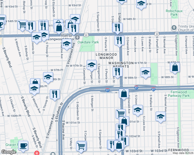 map of restaurants, bars, coffee shops, grocery stores, and more near 9737 South Sangamon Street in Chicago