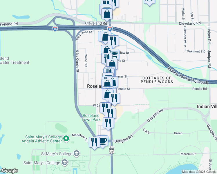 map of restaurants, bars, coffee shops, grocery stores, and more near 198 Ullery Street in South Bend