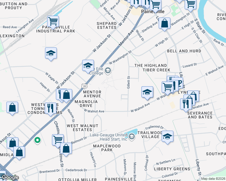 map of restaurants, bars, coffee shops, grocery stores, and more near 391 West Washington Street in Painesville
