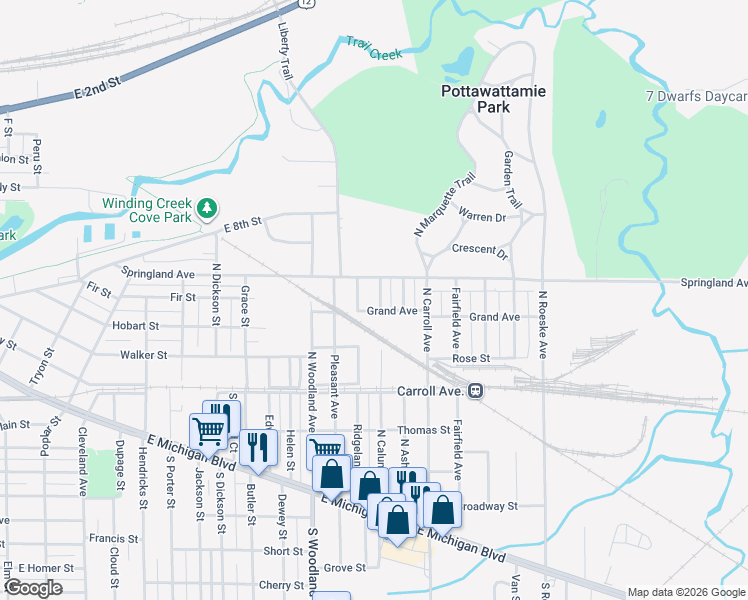map of restaurants, bars, coffee shops, grocery stores, and more near 631 Ridgeland Avenue in Michigan City