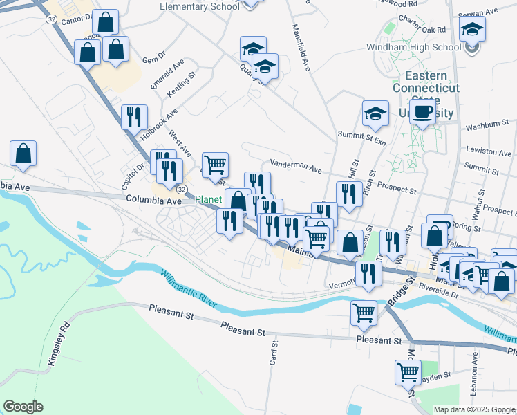 map of restaurants, bars, coffee shops, grocery stores, and more near 1315 Main Street in Windham
