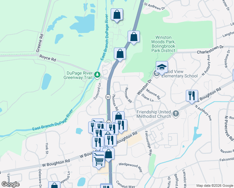 map of restaurants, bars, coffee shops, grocery stores, and more near 127 Thomas Road in Bolingbrook