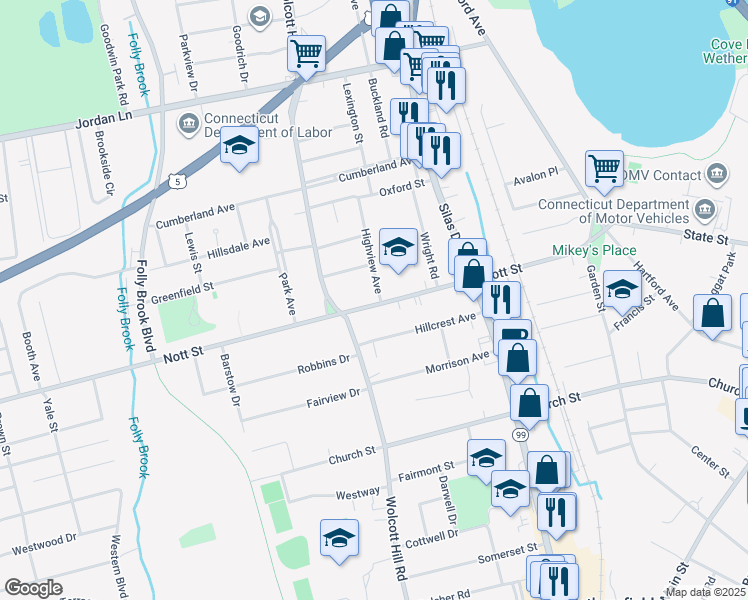 map of restaurants, bars, coffee shops, grocery stores, and more near 206 Nott Street in Wethersfield