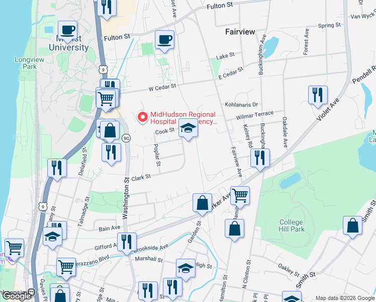 map of restaurants, bars, coffee shops, grocery stores, and more near in Poughkeepsie