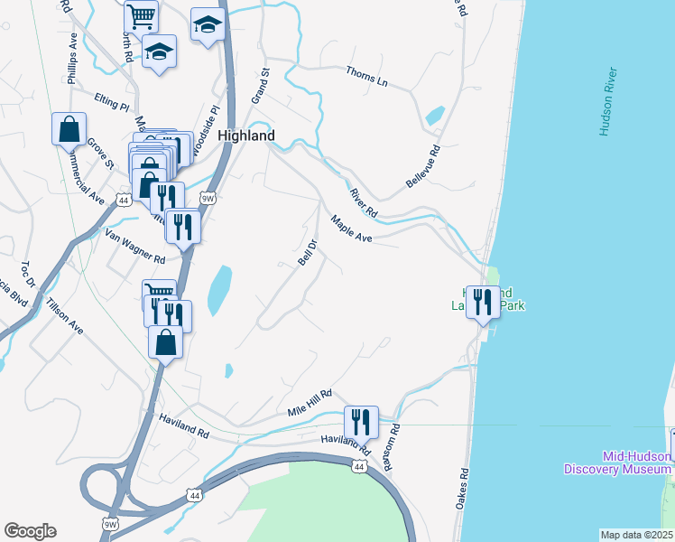 map of restaurants, bars, coffee shops, grocery stores, and more near 29 Maple Avenue in Highland