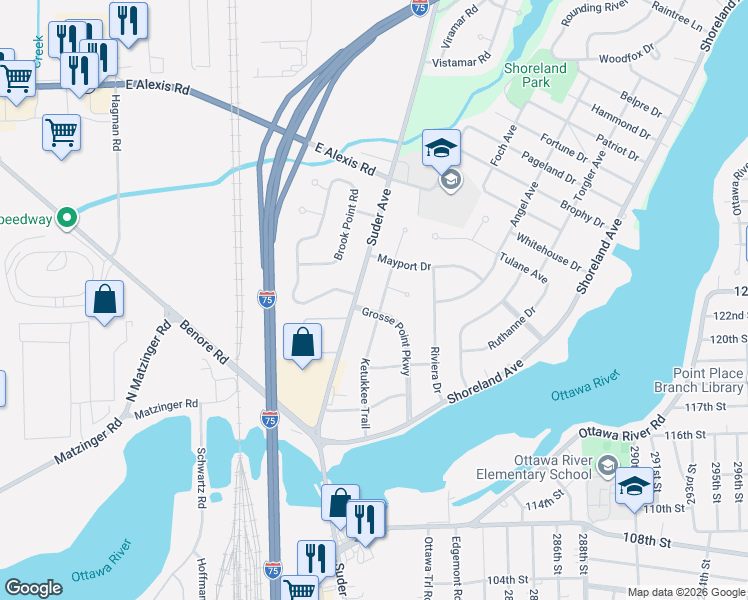 map of restaurants, bars, coffee shops, grocery stores, and more near 5419 Ketukkee Trail in Toledo
