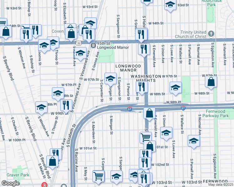 map of restaurants, bars, coffee shops, grocery stores, and more near 9737 South Sangamon Street in Chicago