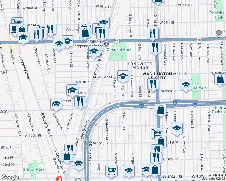 map of restaurants, bars, coffee shops, grocery stores, and more near 1037 West 97th Place in Chicago