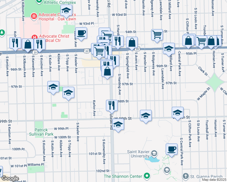 map of restaurants, bars, coffee shops, grocery stores, and more near 4001 West 97th Street in Oak Lawn