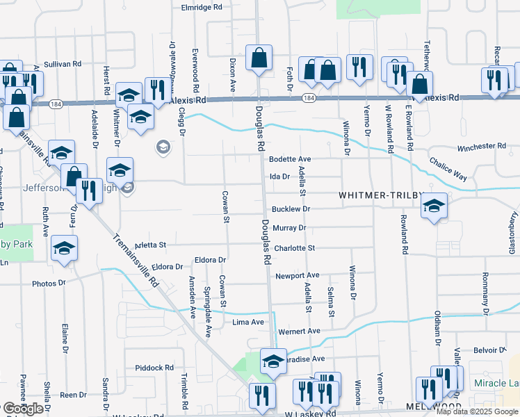 map of restaurants, bars, coffee shops, grocery stores, and more near 5505 Douglas Road in Toledo