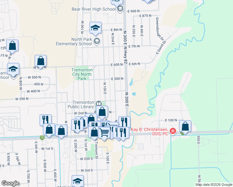 map of restaurants, bars, coffee shops, grocery stores, and more near 384 North 200 East in Tremonton