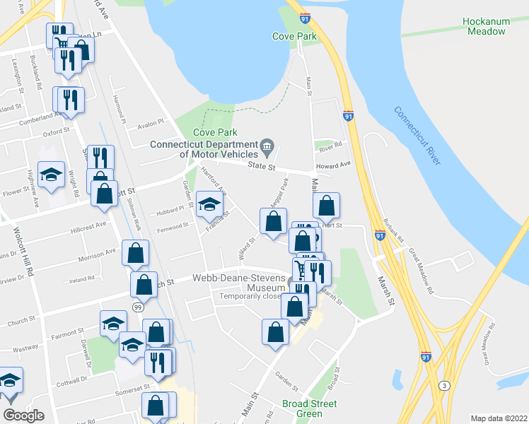 map of restaurants, bars, coffee shops, grocery stores, and more near 19 Meggat Park in Wethersfield