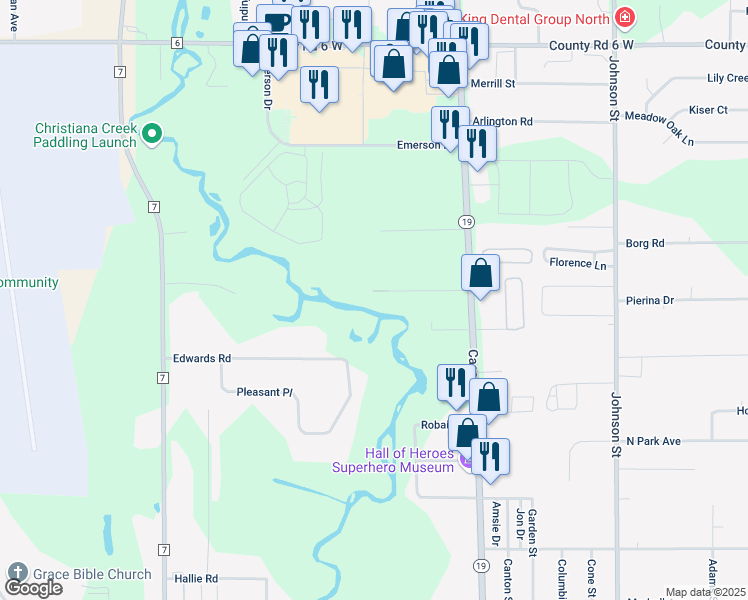 map of restaurants, bars, coffee shops, grocery stores, and more near 105 North Drive in Elkhart