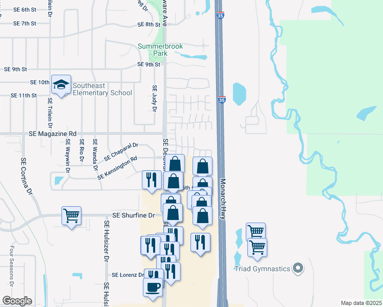 map of restaurants, bars, coffee shops, grocery stores, and more near 1517 Southeast Delaware Avenue in Ankeny
