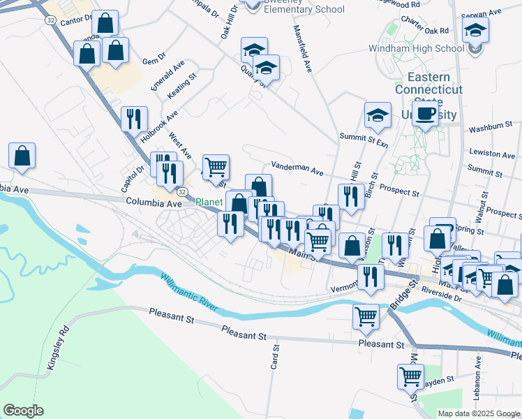 map of restaurants, bars, coffee shops, grocery stores, and more near 1315 Main Street in Windham