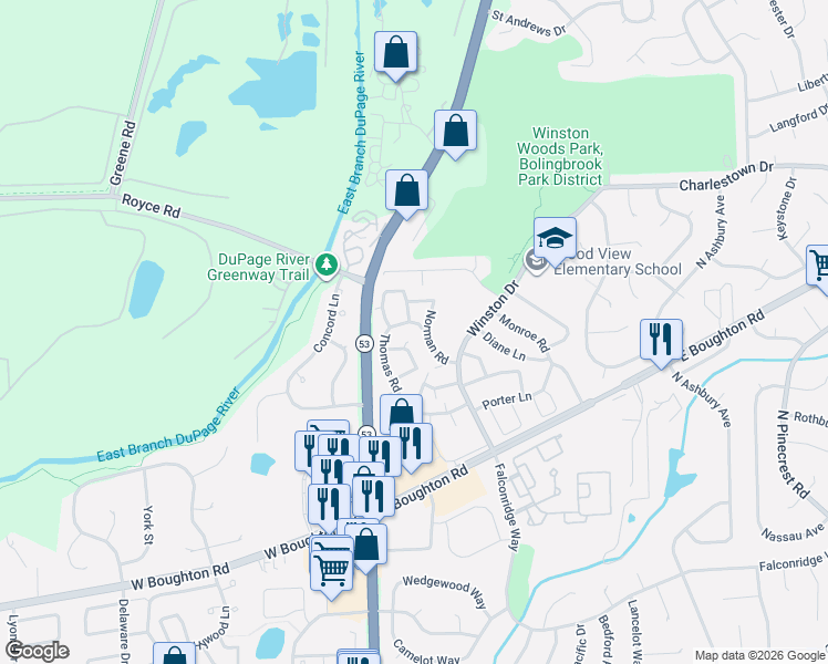 map of restaurants, bars, coffee shops, grocery stores, and more near 577 Norman Road in Bolingbrook
