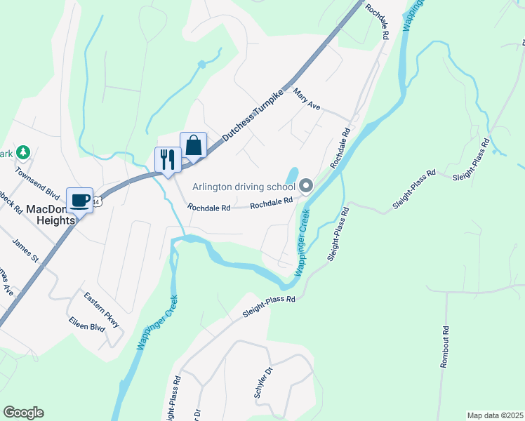 map of restaurants, bars, coffee shops, grocery stores, and more near 165 Rochdale Road in Poughkeepsie