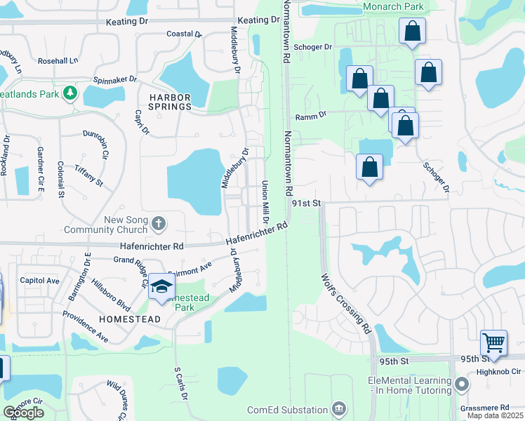 map of restaurants, bars, coffee shops, grocery stores, and more near 2125 Union Mill Drive in Aurora