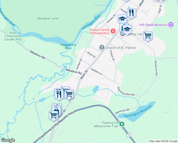 map of restaurants, bars, coffee shops, grocery stores, and more near 143 Main Street in Farmington