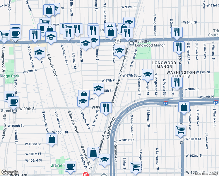 map of restaurants, bars, coffee shops, grocery stores, and more near 1227 West 97th Place in Chicago