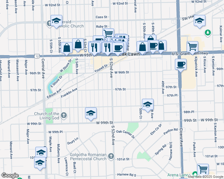 map of restaurants, bars, coffee shops, grocery stores, and more near South 52nd Avenue in Oak Lawn