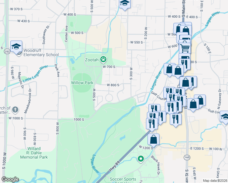 map of restaurants, bars, coffee shops, grocery stores, and more near 1143 South 350 West in Logan