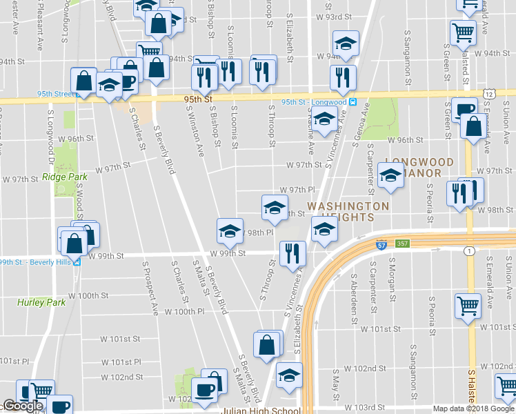 map of restaurants, bars, coffee shops, grocery stores, and more near 1322 West 98th Street in Chicago