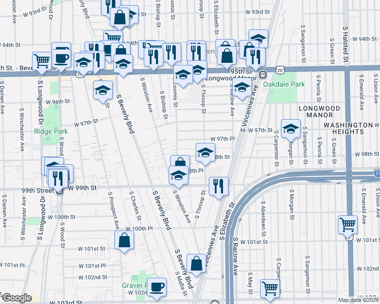 map of restaurants, bars, coffee shops, grocery stores, and more near 1347 West 97th Place in Chicago