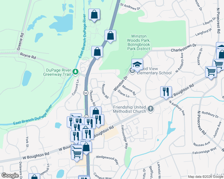 map of restaurants, bars, coffee shops, grocery stores, and more near 156 Winston Drive in Bolingbrook